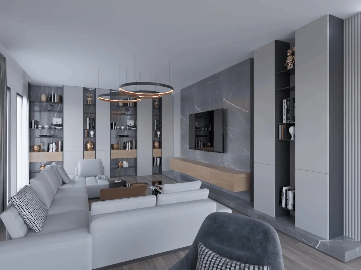 TV ünitesi ve panel mobilya renderı